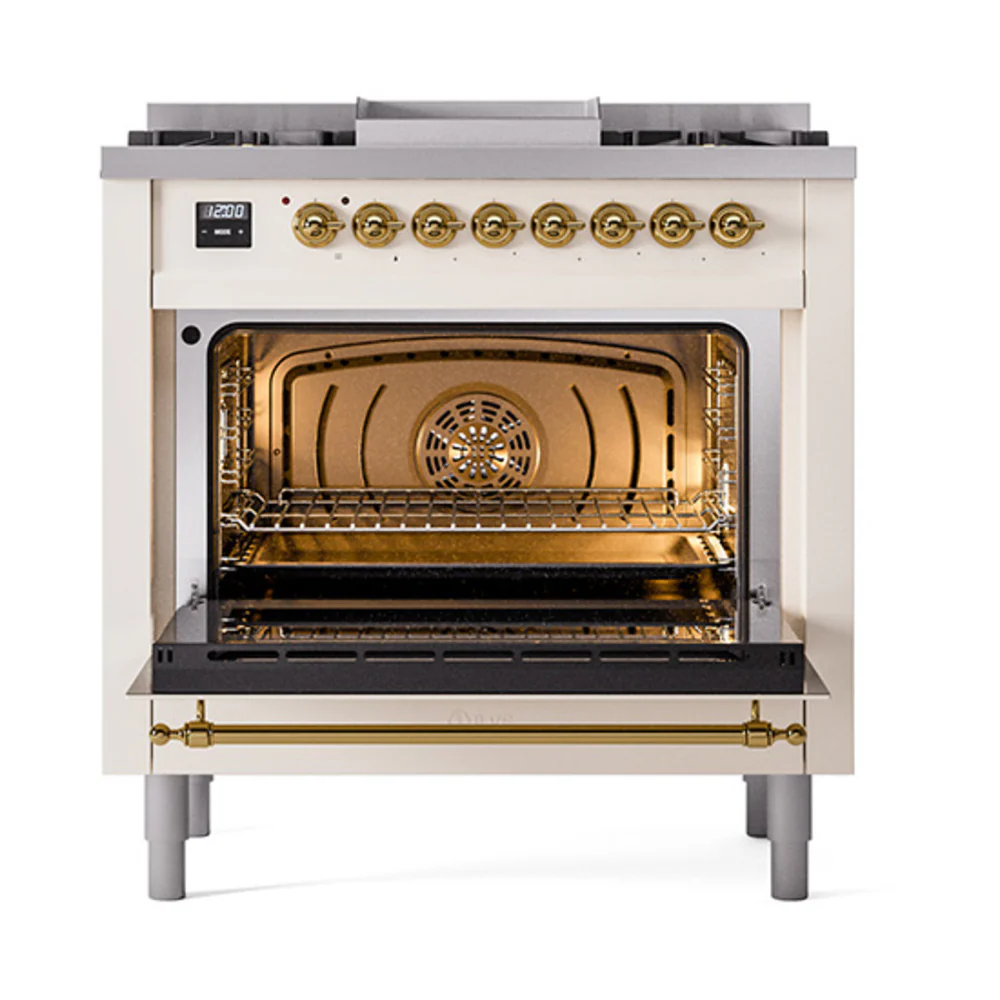 ILVE Nostalgie II Noblesse 36-Inch Natural Gas Dual Fuel Range and Triple Glass Door in Antique White with Brass Trim (UN36FNMPAWG) - Image 2