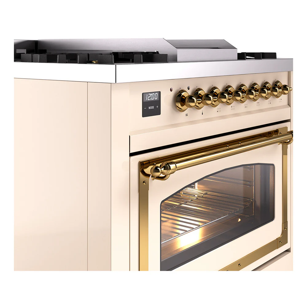 ILVE Nostalgie II Noblesse 36-Inch Natural Gas Dual Fuel Range and Triple Glass Door in Antique White with Brass Trim (UN36FNMPAWG) - Image 3