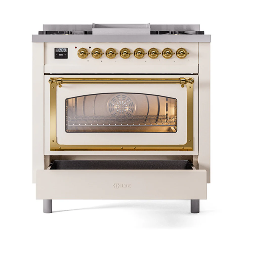 ILVE Nostalgie II Noblesse 36-Inch Natural Gas Dual Fuel Range and Triple Glass Door in Antique White with Brass Trim (UN36FNMPAWG) - Image 6