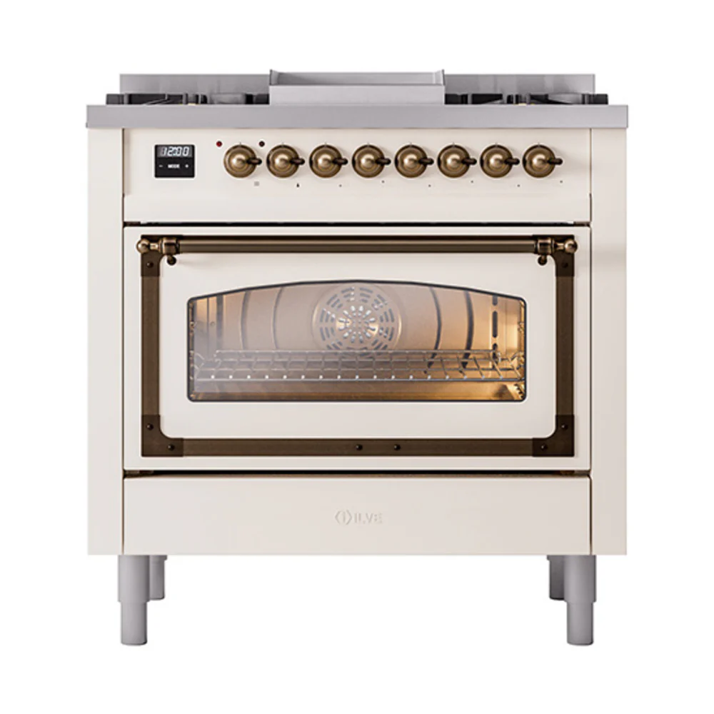 ILVE Nostalgie II Noblesse 36-Inch Natural Gas Dual Fuel Range and Triple Glass Door in Antique White with Bronze Trim (UN36FNMPAWB) - Image 2