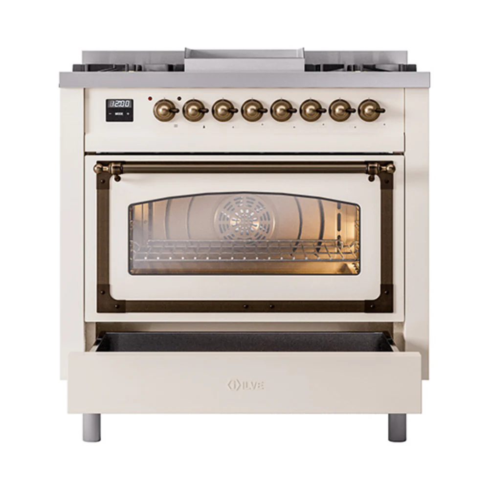 ILVE Nostalgie II Noblesse 36-Inch Natural Gas Dual Fuel Range and Triple Glass Door in Antique White with Bronze Trim (UN36FNMPAWB) - Image 6