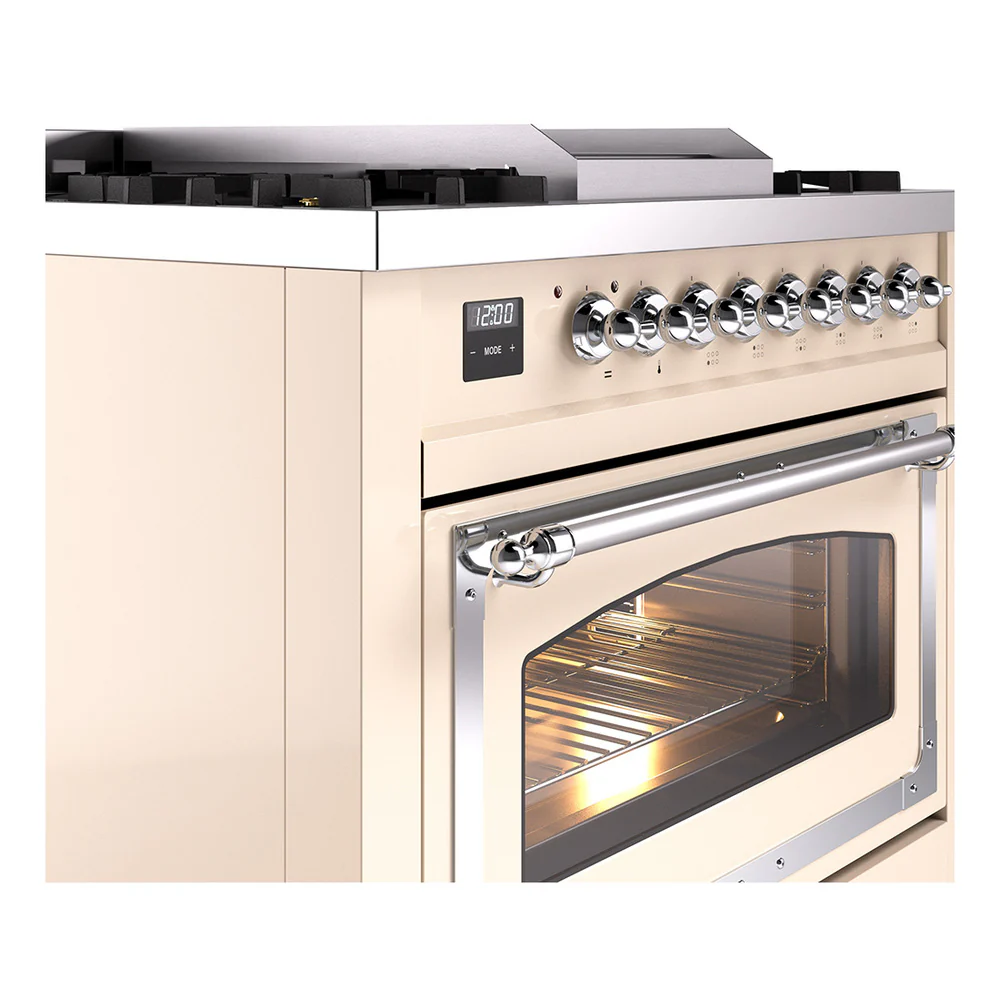 ILVE Nostalgie II Noblesse 36-Inch Natural Gas Dual Fuel Range and Triple Glass Door in Antique White with Chrome Trim (UN36FNMPAWC) - Image 3