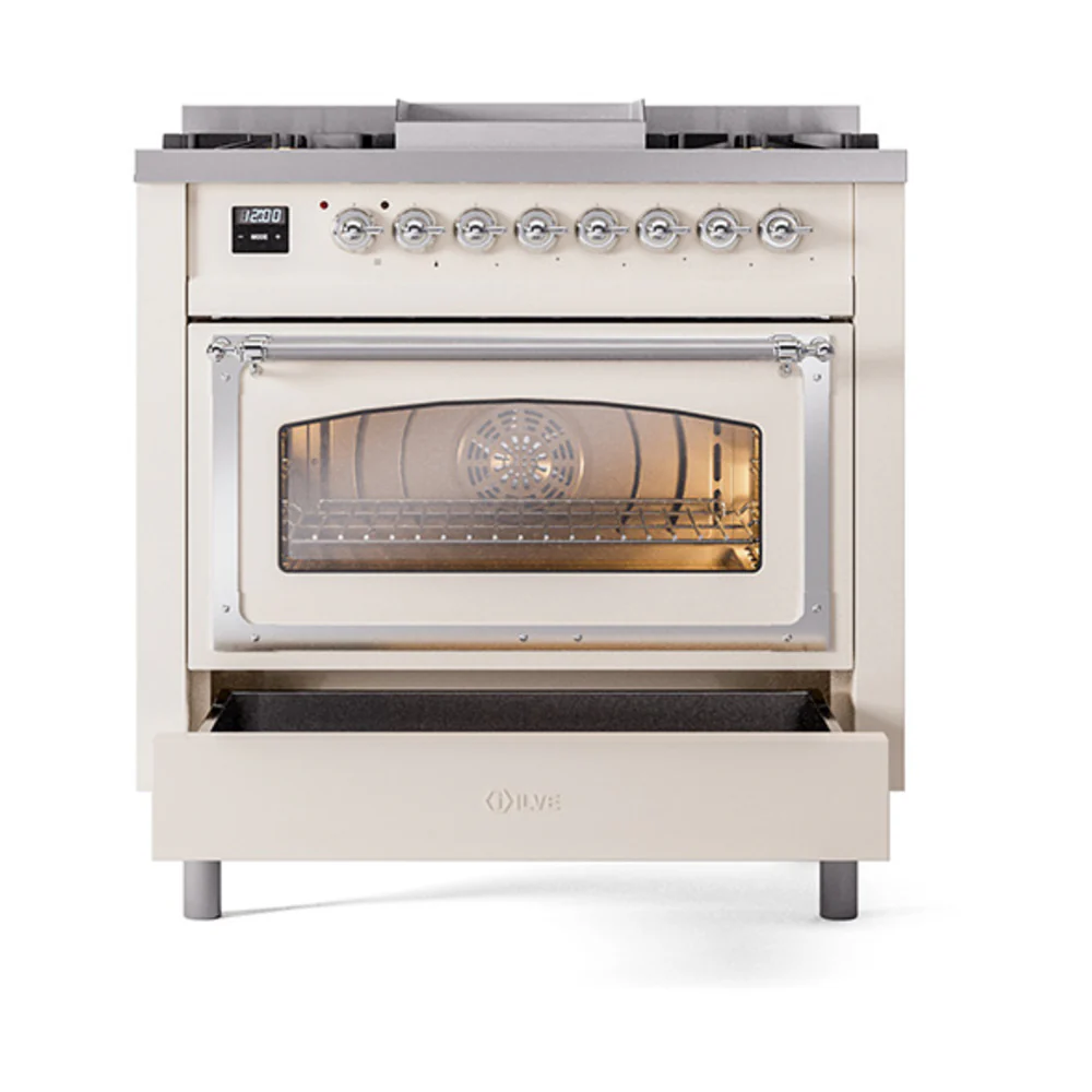ILVE Nostalgie II Noblesse 36-Inch Natural Gas Dual Fuel Range and Triple Glass Door in Antique White with Chrome Trim (UN36FNMPAWC) - Image 6