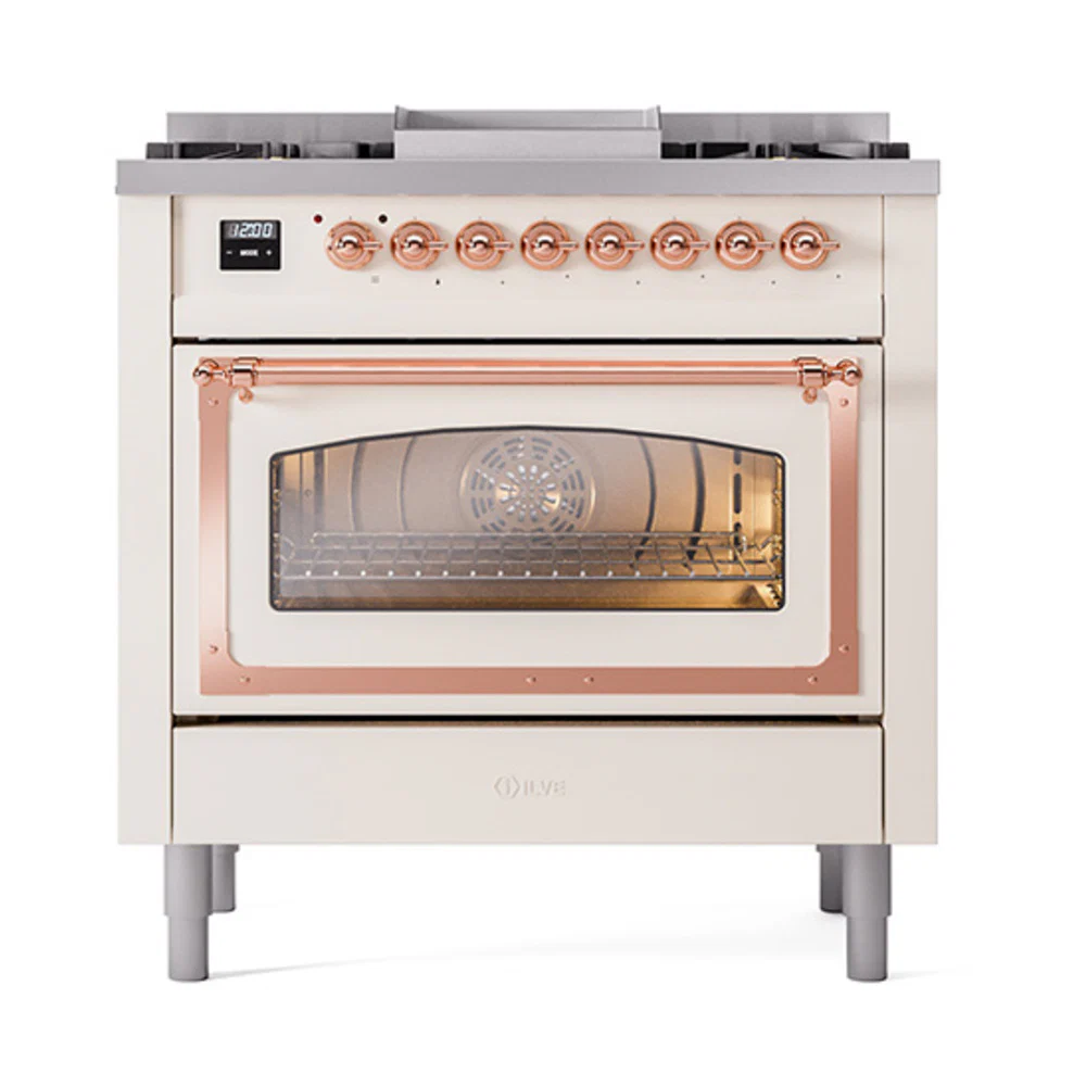 ILVE Nostalgie II Noblesse 36-Inch Natural Gas Dual Fuel Range and Triple Glass Door in Antique White with Copper Trim (UN36FNMPAWP) - Image 2