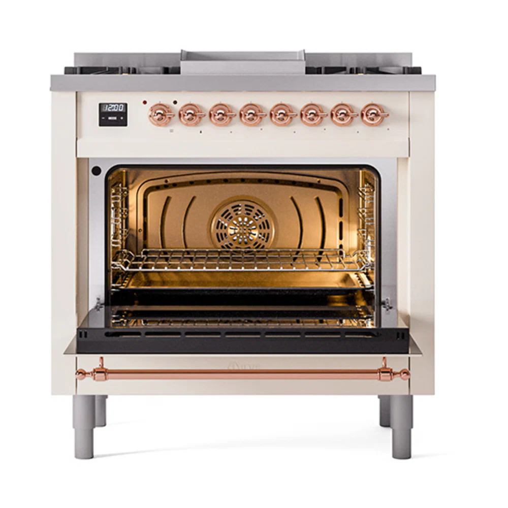 ILVE Nostalgie II Noblesse 36-Inch Natural Gas Dual Fuel Range and Triple Glass Door in Antique White with Copper Trim (UN36FNMPAWP) - Image 5