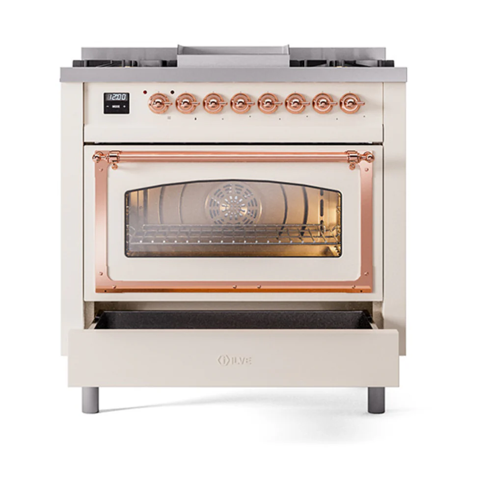 ILVE Nostalgie II Noblesse 36-Inch Natural Gas Dual Fuel Range and Triple Glass Door in Antique White with Copper Trim (UN36FNMPAWP) - Image 6