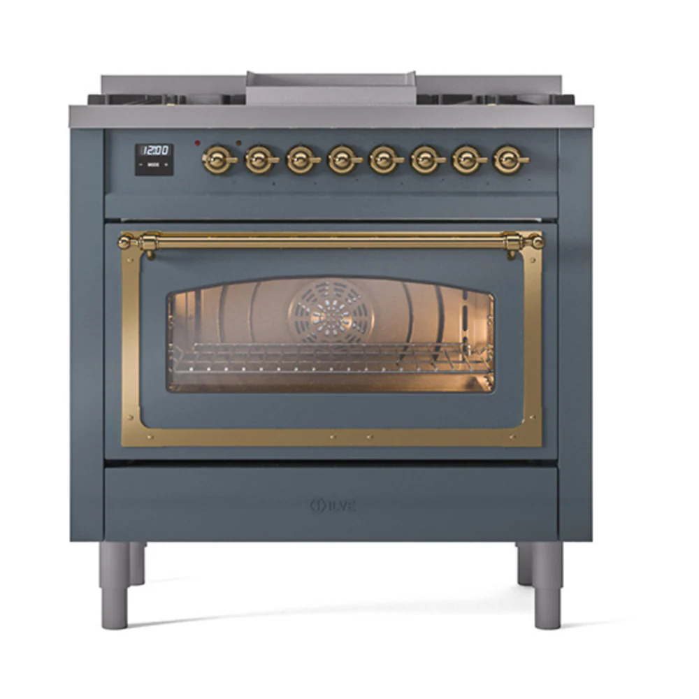 ILVE Nostalgie II Noblesse 36-Inch Natural Gas Dual Fuel Range and Triple Glass Door in Blue Grey with Brass Trim (UN36FNMPBGG) - Image 2