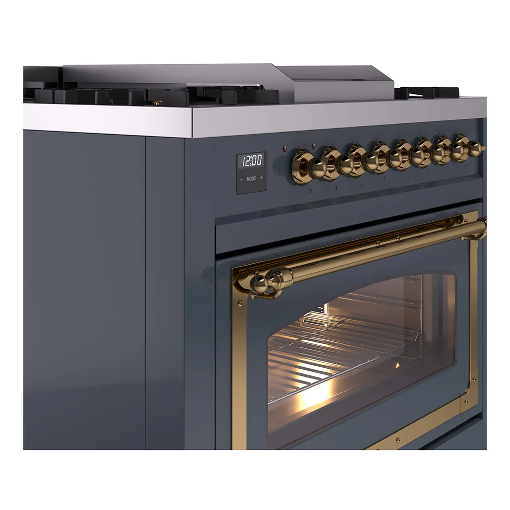 ILVE Nostalgie II Noblesse 36-Inch Natural Gas Dual Fuel Range and Triple Glass Door in Blue Grey with Brass Trim (UN36FNMPBGG) - Image 3