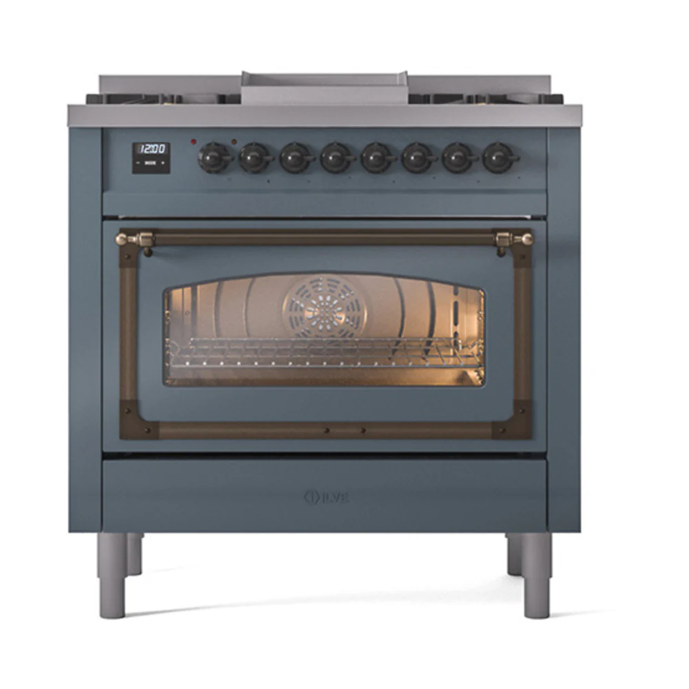 ILVE Nostalgie II Noblesse 36-Inch Natural Gas Dual Fuel Range and Triple Glass Door in Blue Grey with Bronze Trim (UN36FNMPBGB) - Image 2