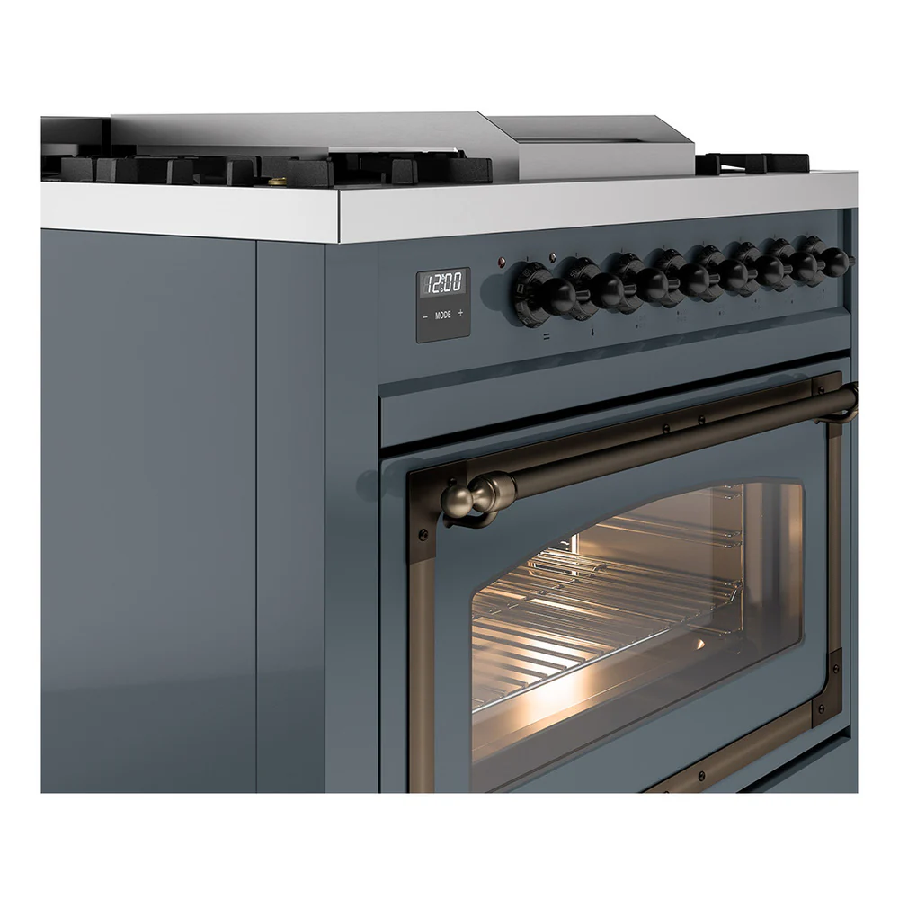 ILVE Nostalgie II Noblesse 36-Inch Natural Gas Dual Fuel Range and Triple Glass Door in Blue Grey with Bronze Trim (UN36FNMPBGB) - Image 3
