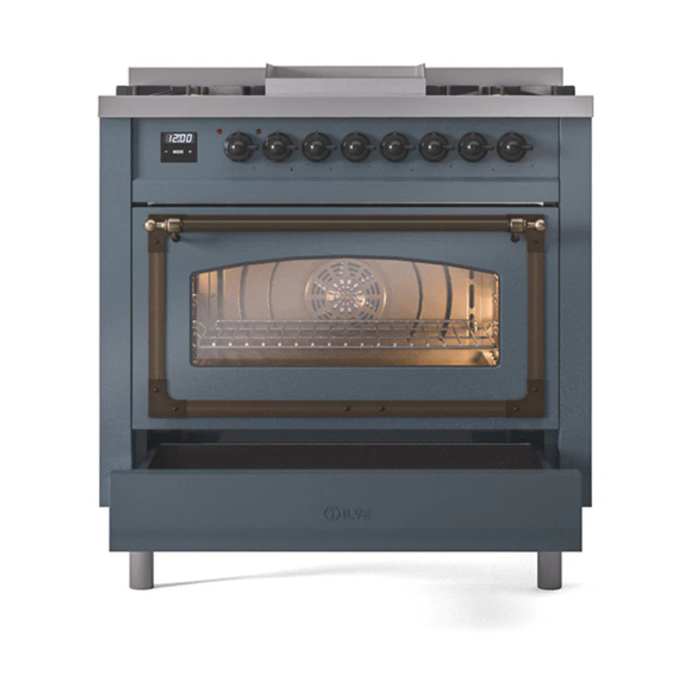 ILVE Nostalgie II Noblesse 36-Inch Natural Gas Dual Fuel Range and Triple Glass Door in Blue Grey with Bronze Trim (UN36FNMPBGB) - Image 6