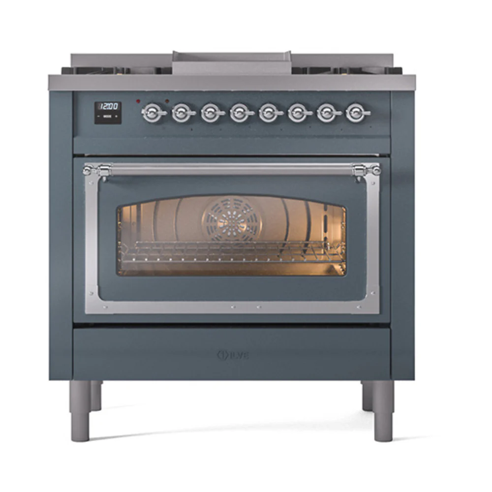 ILVE Nostalgie II Noblesse 36-Inch Natural Gas Dual Fuel Range and Triple Glass Door in Blue Grey with Chrome Trim (UN36FNMPBGC) - Image 2