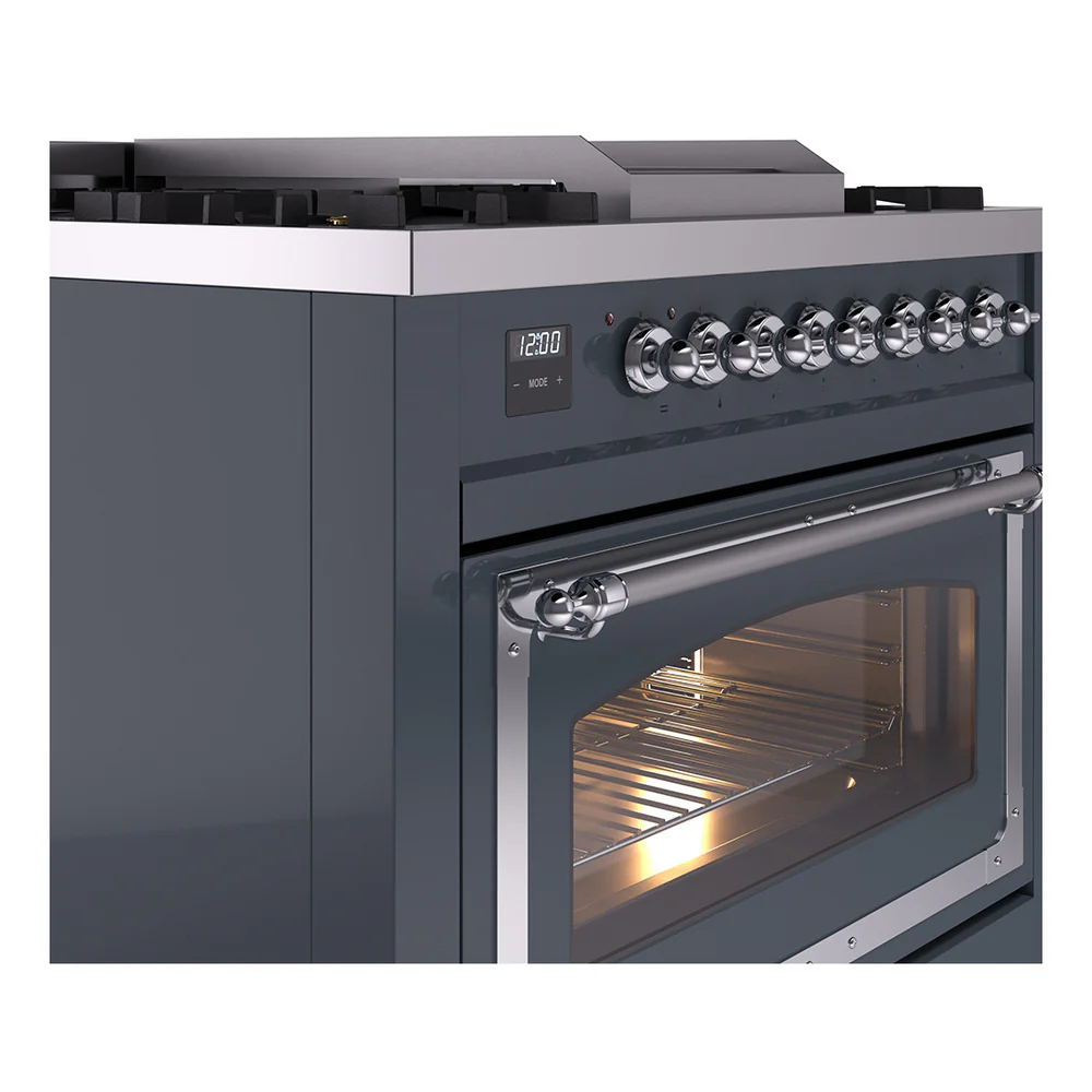ILVE Nostalgie II Noblesse 36-Inch Natural Gas Dual Fuel Range and Triple Glass Door in Blue Grey with Chrome Trim (UN36FNMPBGC) - Image 3