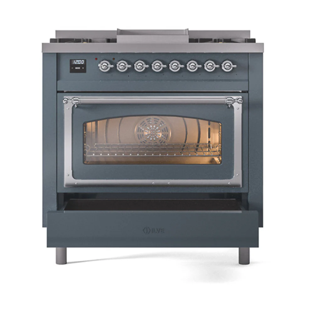 ILVE Nostalgie II Noblesse 36-Inch Natural Gas Dual Fuel Range and Triple Glass Door in Blue Grey with Chrome Trim (UN36FNMPBGC) - Image 6