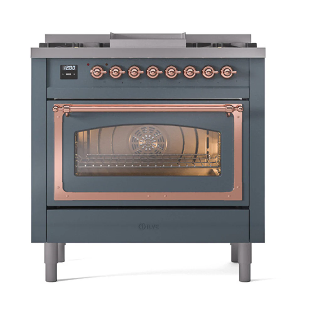 ILVE Nostalgie II Noblesse 36-Inch Natural Gas Dual Fuel Range and Triple Glass Door in Blue Grey with Copper Trim (UN36FNMPBGP) - Image 2