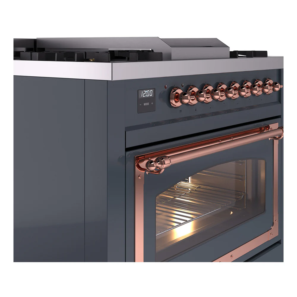 ILVE Nostalgie II Noblesse 36-Inch Natural Gas Dual Fuel Range and Triple Glass Door in Blue Grey with Copper Trim (UN36FNMPBGP) - Image 3
