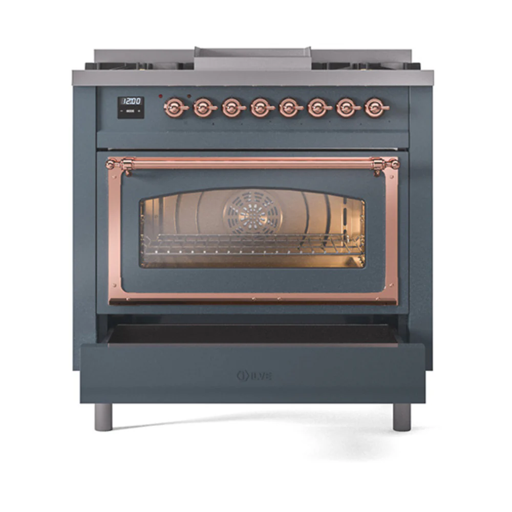 ILVE Nostalgie II Noblesse 36-Inch Natural Gas Dual Fuel Range and Triple Glass Door in Blue Grey with Copper Trim (UN36FNMPBGP) - Image 6