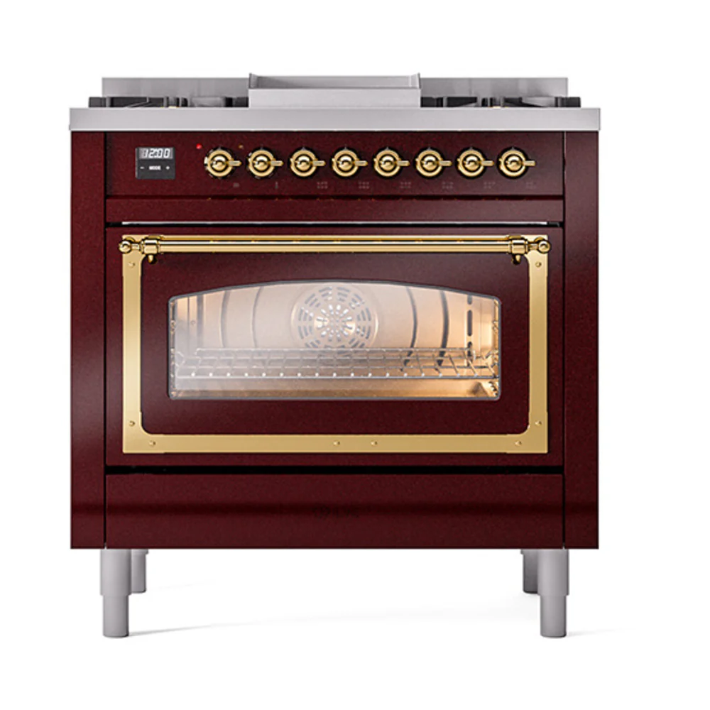 ILVE Nostalgie II Noblesse 36-Inch Natural Gas Dual Fuel Range and Triple Glass Door in Burgundy with Brass Trim (UN36FNMPBUG) - Image 2