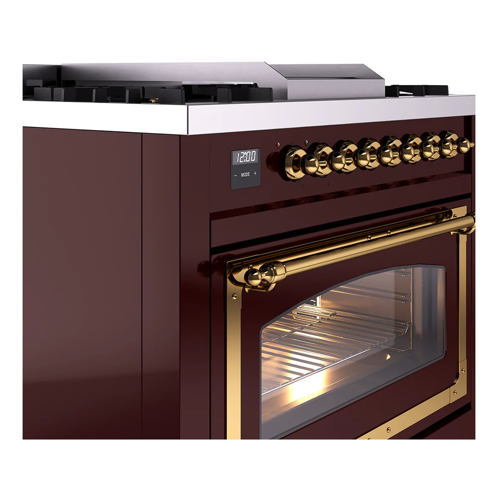 ILVE Nostalgie II Noblesse 36-Inch Natural Gas Dual Fuel Range and Triple Glass Door in Burgundy with Brass Trim (UN36FNMPBUG) - Image 3