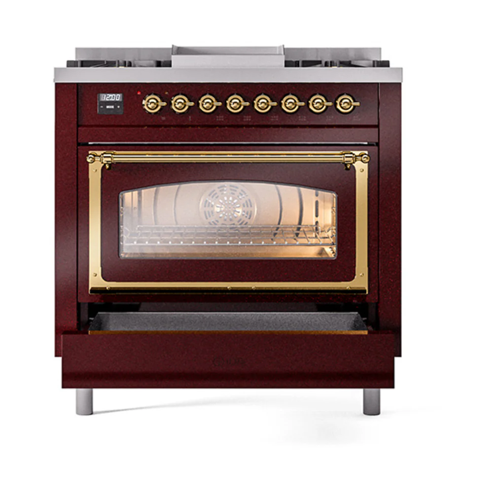 ILVE Nostalgie II Noblesse 36-Inch Natural Gas Dual Fuel Range and Triple Glass Door in Burgundy with Brass Trim (UN36FNMPBUG) - Image 6