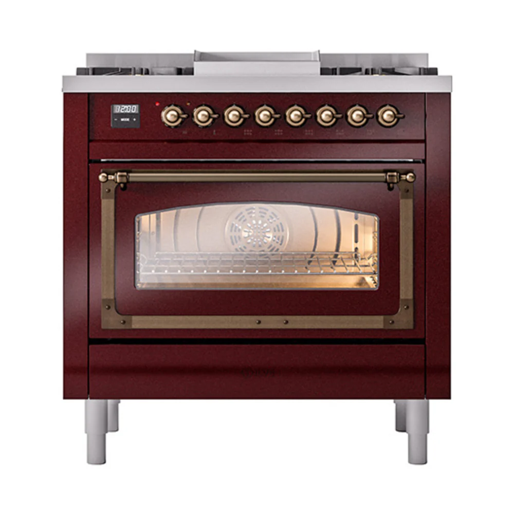 ILVE Nostalgie II Noblesse 36-Inch Natural Gas Dual Fuel Range and Triple Glass Door in Burgundy with Bronze Trim (UN36FNMPBUB) - Image 2