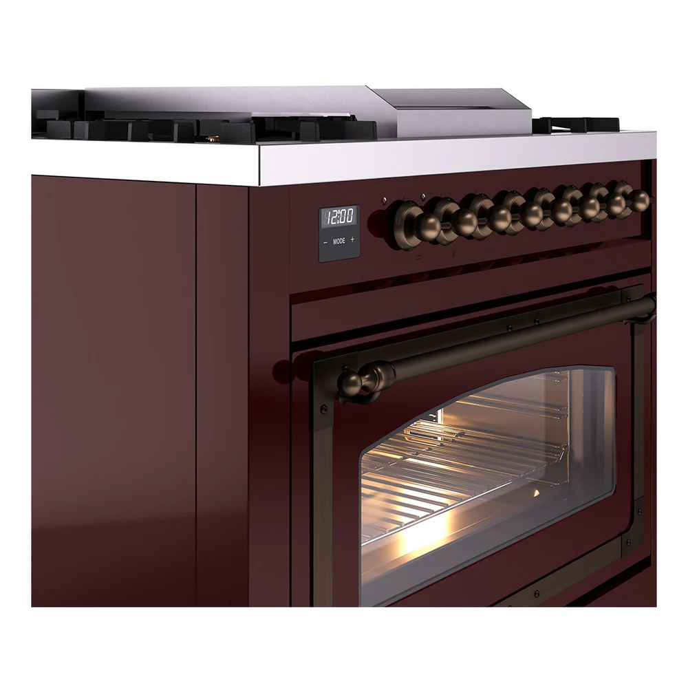 ILVE Nostalgie II Noblesse 36-Inch Natural Gas Dual Fuel Range and Triple Glass Door in Burgundy with Bronze Trim (UN36FNMPBUB) - Image 3