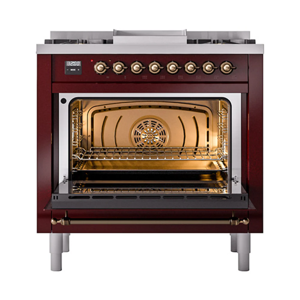 ILVE Nostalgie II Noblesse 36-Inch Natural Gas Dual Fuel Range and Triple Glass Door in Burgundy with Bronze Trim (UN36FNMPBUB) - Image 5