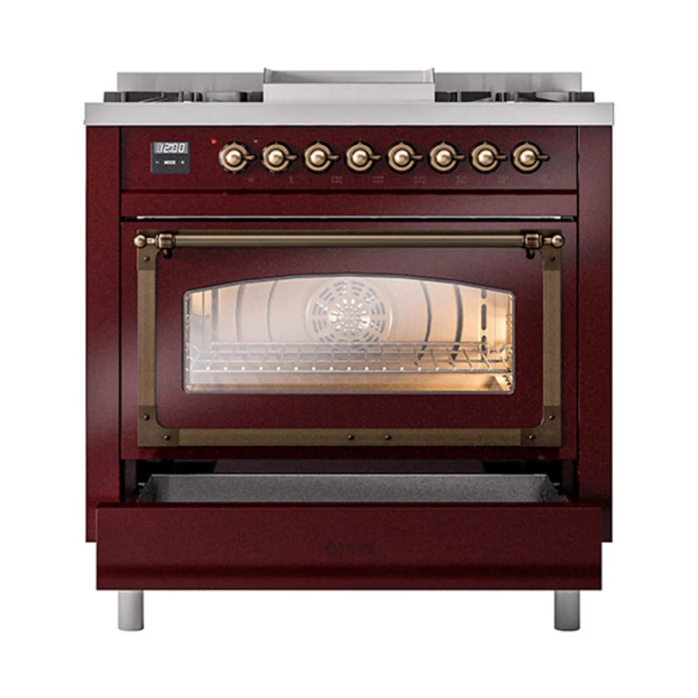 ILVE Nostalgie II Noblesse 36-Inch Natural Gas Dual Fuel Range and Triple Glass Door in Burgundy with Bronze Trim (UN36FNMPBUB) - Image 6