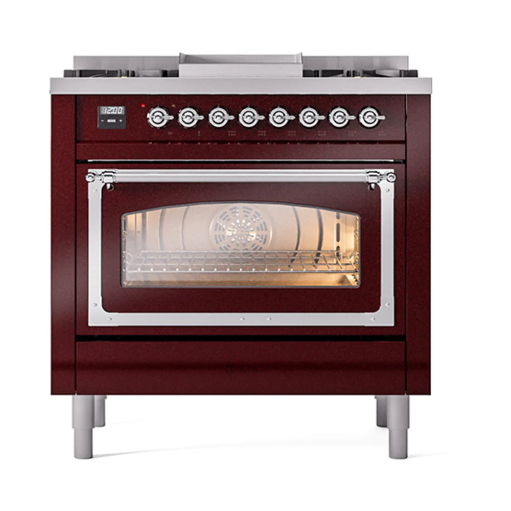 ILVE Nostalgie II Noblesse 36-Inch Natural Gas Dual Fuel Range and Triple Glass Door in Burgundy with Chrome Trim (UN36FNMPBUC) - Image 2