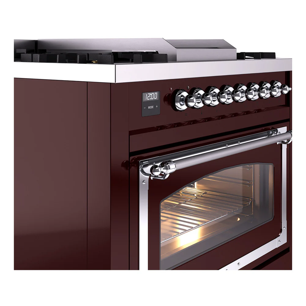 ILVE Nostalgie II Noblesse 36-Inch Natural Gas Dual Fuel Range and Triple Glass Door in Burgundy with Chrome Trim (UN36FNMPBUC) - Image 3