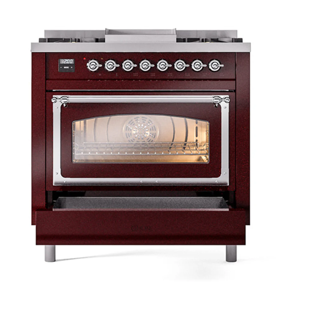 ILVE Nostalgie II Noblesse 36-Inch Natural Gas Dual Fuel Range and Triple Glass Door in Burgundy with Chrome Trim (UN36FNMPBUC) - Image 5