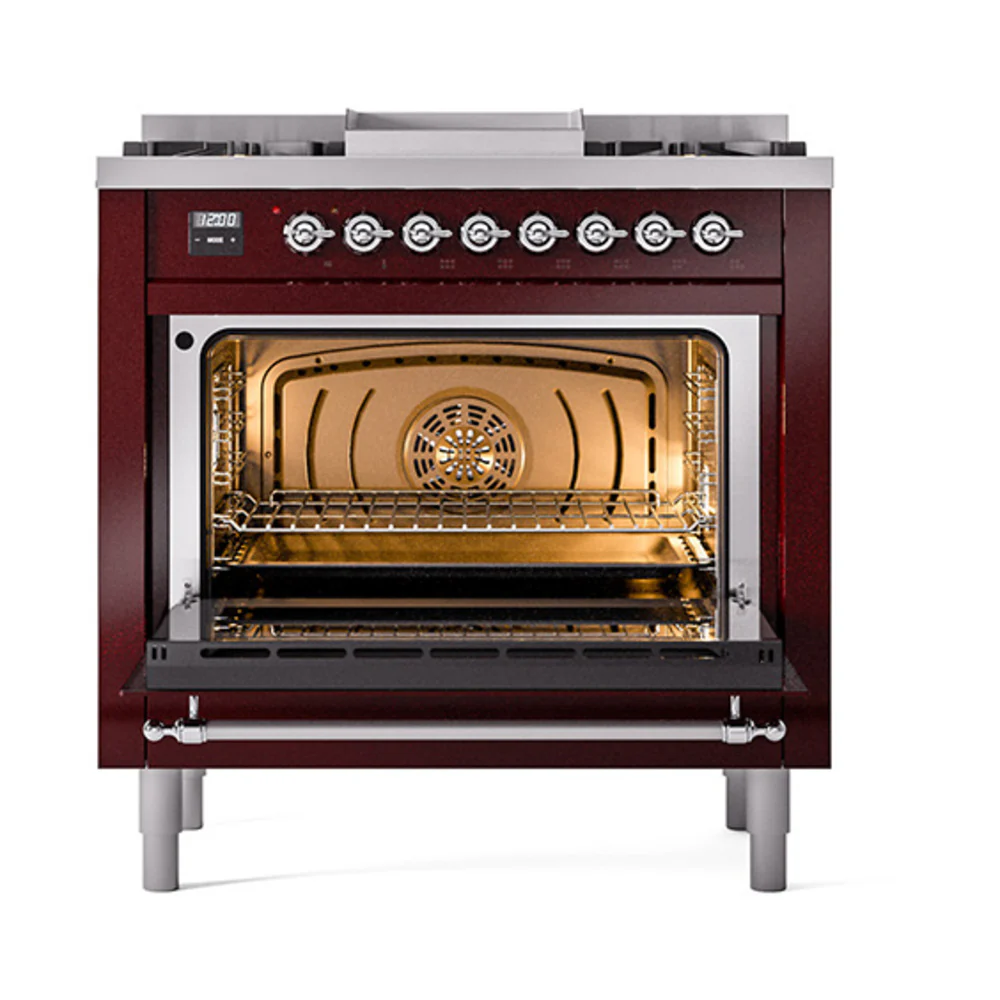 ILVE Nostalgie II Noblesse 36-Inch Natural Gas Dual Fuel Range and Triple Glass Door in Burgundy with Chrome Trim (UN36FNMPBUC) - Image 6