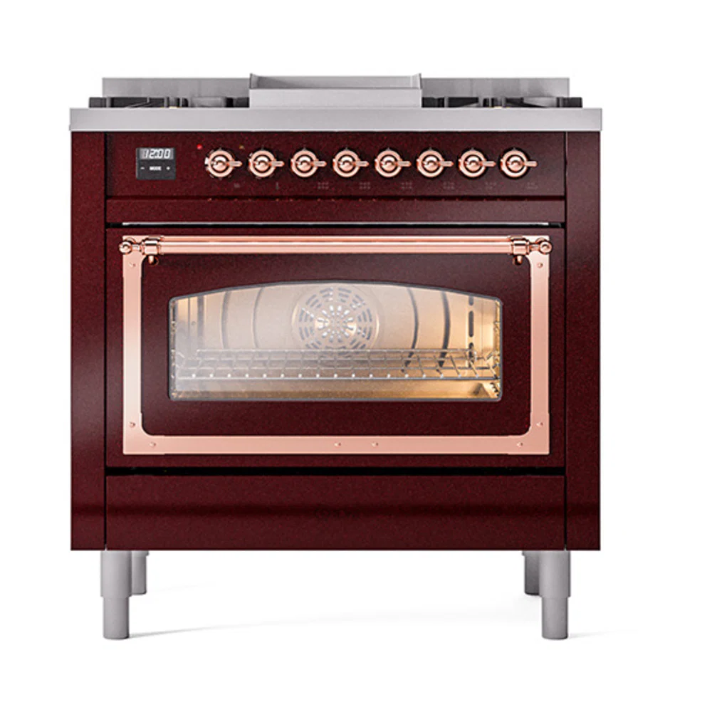 ILVE Nostalgie II Noblesse 36-Inch Natural Gas Dual Fuel Range and Triple Glass Door in Burgundy with Copper Trim (UN36FNMPBUP) - Image 2