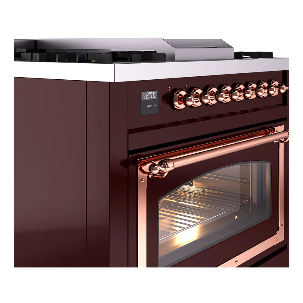 ILVE Nostalgie II Noblesse 36-Inch Natural Gas Dual Fuel Range and Triple Glass Door in Burgundy with Copper Trim (UN36FNMPBUP) - Image 3