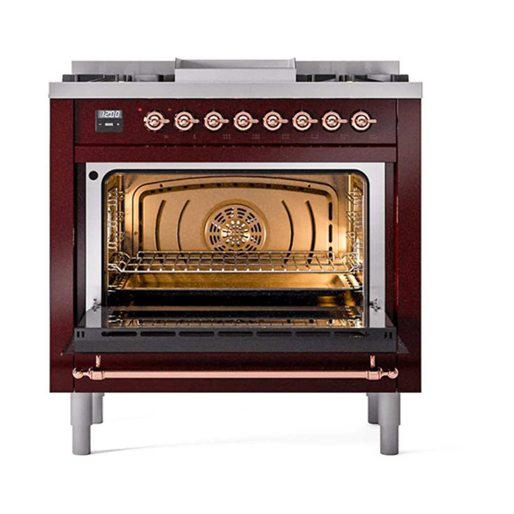 ILVE Nostalgie II Noblesse 36-Inch Natural Gas Dual Fuel Range and Triple Glass Door in Burgundy with Copper Trim (UN36FNMPBUP) - Image 5