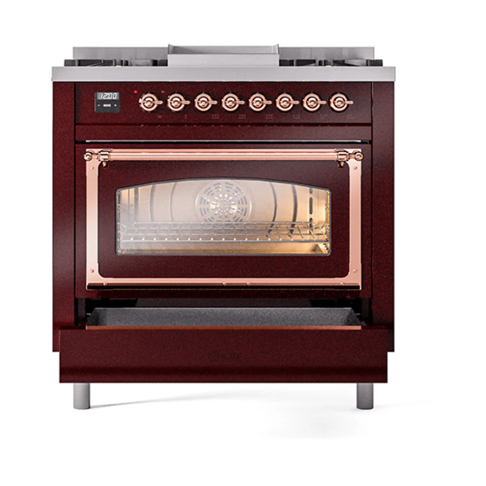 ILVE Nostalgie II Noblesse 36-Inch Natural Gas Dual Fuel Range and Triple Glass Door in Burgundy with Copper Trim (UN36FNMPBUP) - Image 6