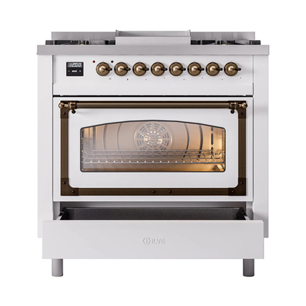 ILVE Nostalgie II Noblesse 36-Inch Natural Gas Dual Fuel Range and Triple Glass Door in Custom RAL with Bronze Trim (UN36FNMPRAB) - Image 4