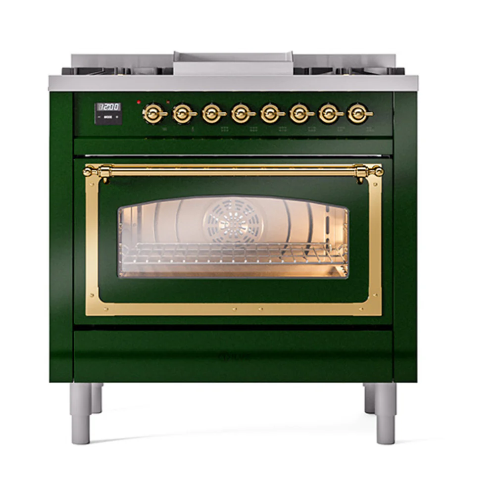 ILVE Nostalgie II Noblesse 36-Inch Natural Gas Dual Fuel Range and Triple Glass Door in Emerald Green with Brass Trim (UN36FNMPEGG) - Image 2
