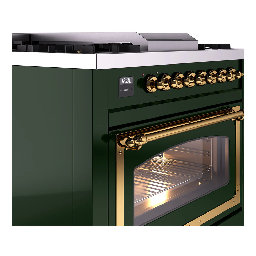 ILVE Nostalgie II Noblesse 36-Inch Natural Gas Dual Fuel Range and Triple Glass Door in Emerald Green with Brass Trim (UN36FNMPEGG) - Image 3