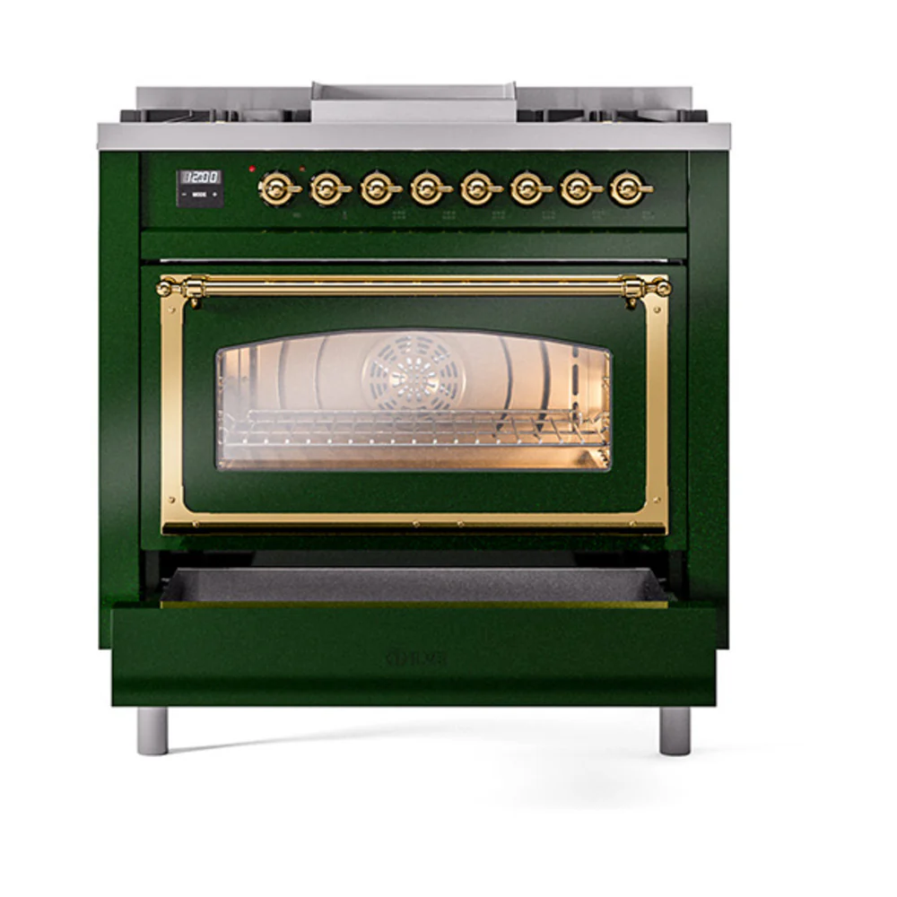 ILVE Nostalgie II Noblesse 36-Inch Natural Gas Dual Fuel Range and Triple Glass Door in Emerald Green with Brass Trim (UN36FNMPEGG) - Image 6