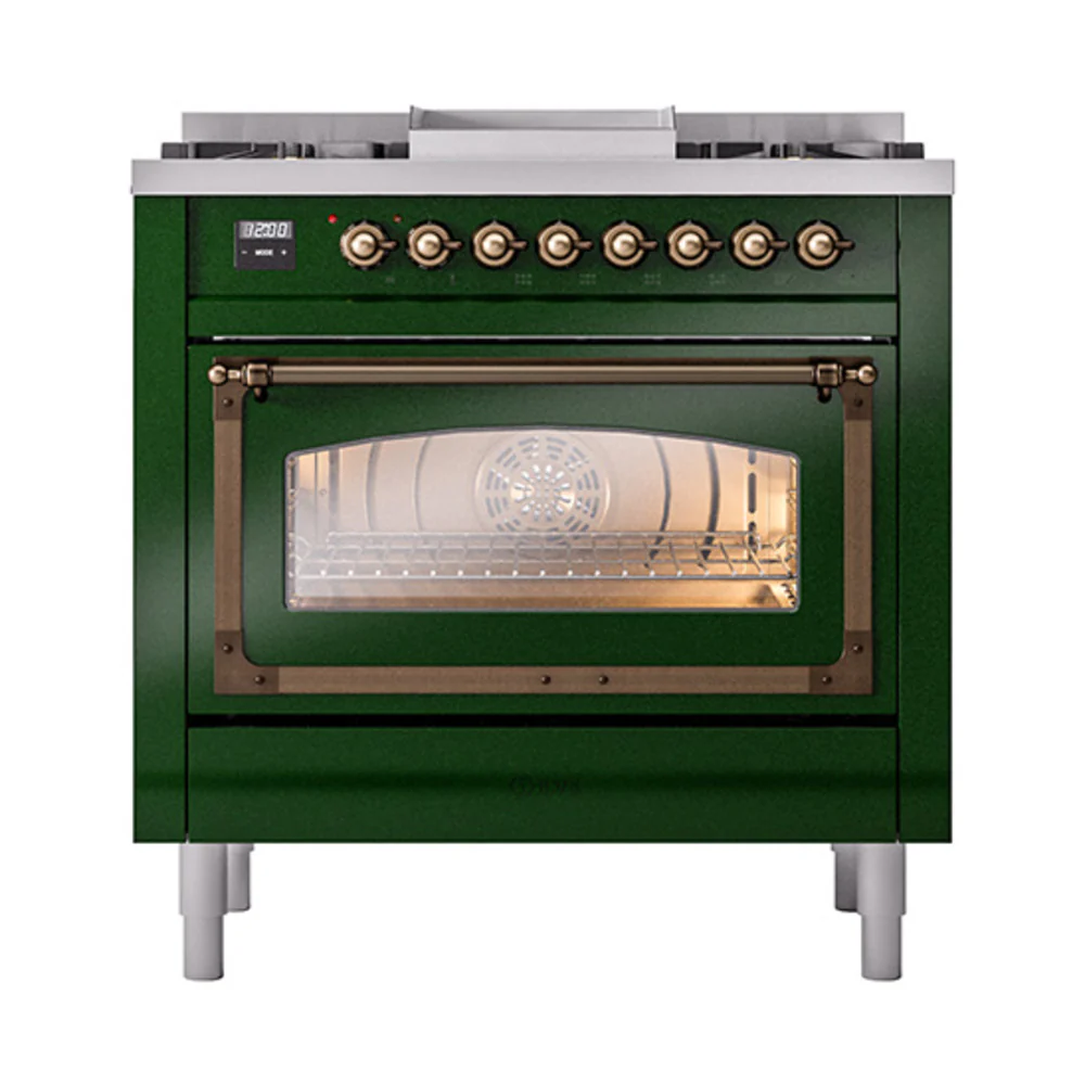 ILVE Nostalgie II Noblesse 36-Inch Natural Gas Dual Fuel Range and Triple Glass Door in Emerald Green with Bronze Trim (UN36FNMPEGB) - Image 2