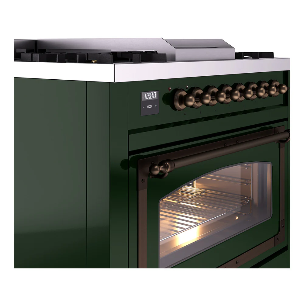 ILVE Nostalgie II Noblesse 36-Inch Natural Gas Dual Fuel Range and Triple Glass Door in Emerald Green with Bronze Trim (UN36FNMPEGB) - Image 3