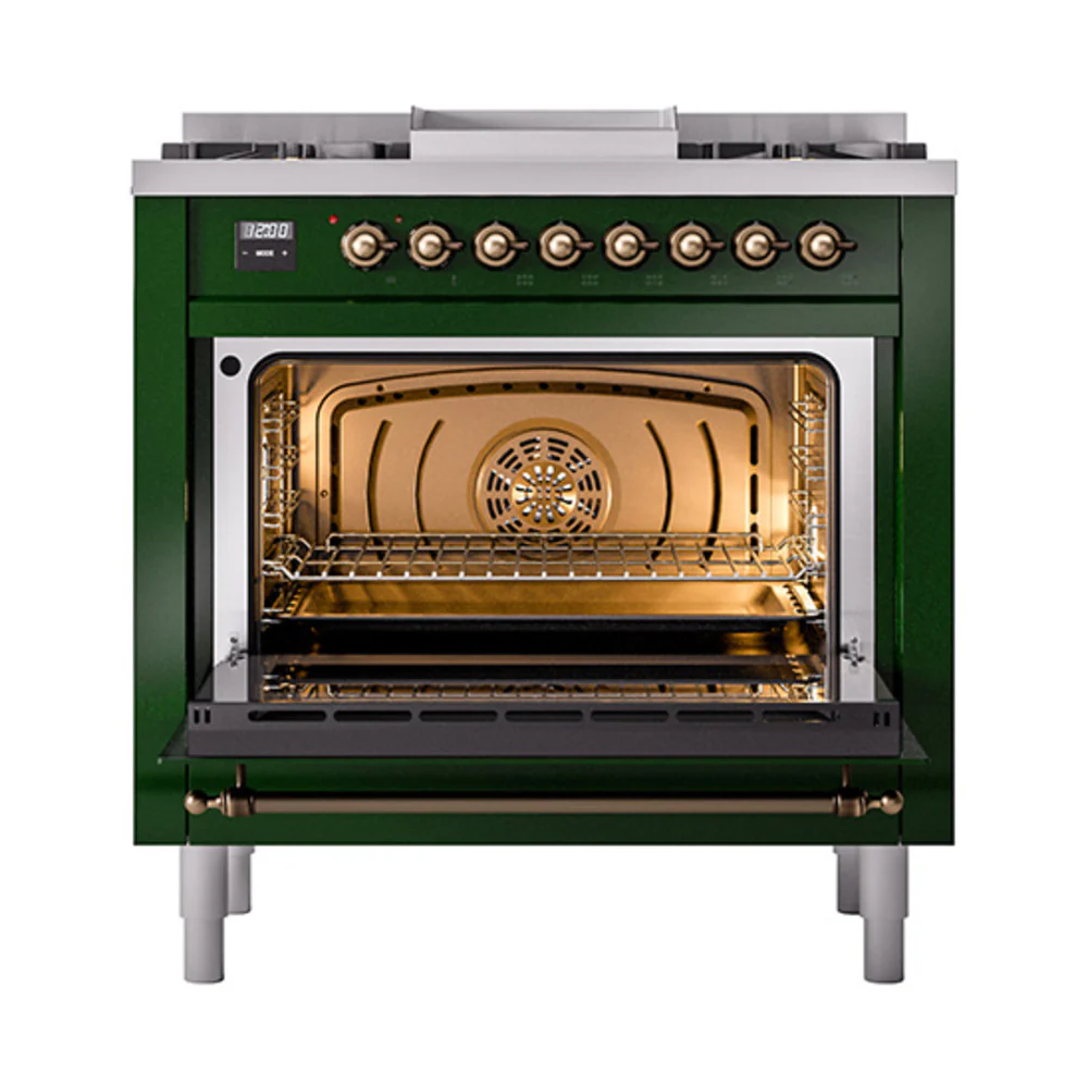 ILVE Nostalgie II Noblesse 36-Inch Natural Gas Dual Fuel Range and Triple Glass Door in Emerald Green with Bronze Trim (UN36FNMPEGB) - Image 5