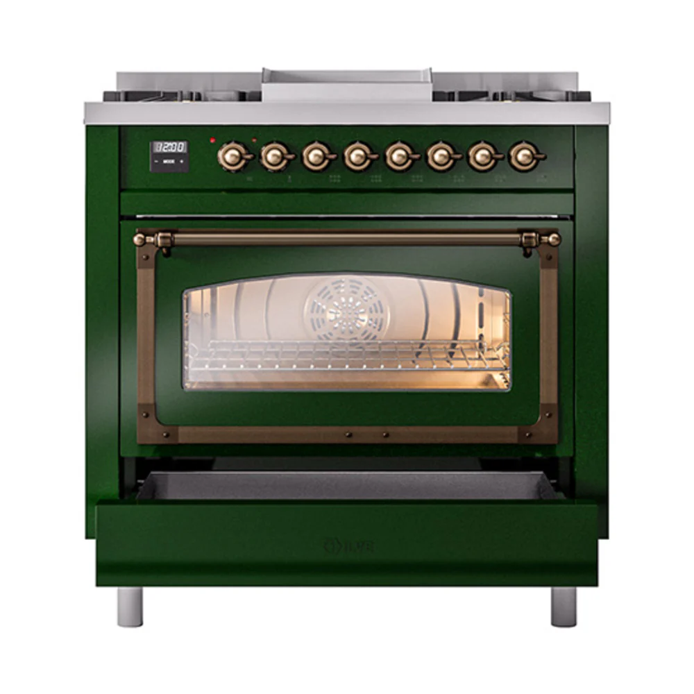 ILVE Nostalgie II Noblesse 36-Inch Natural Gas Dual Fuel Range and Triple Glass Door in Emerald Green with Bronze Trim (UN36FNMPEGB) - Image 6