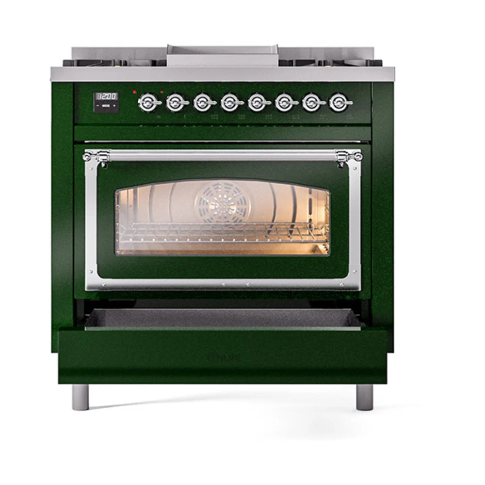 ILVE Nostalgie II Noblesse 36-Inch Natural Gas Dual Fuel Range and Triple Glass Door in Emerald Green with Chrome Trim (UN36FNMPEGC) - Image 2