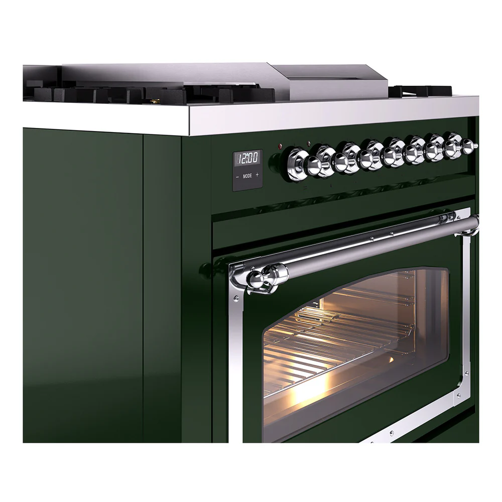 ILVE Nostalgie II Noblesse 36-Inch Natural Gas Dual Fuel Range and Triple Glass Door in Emerald Green with Chrome Trim (UN36FNMPEGC) - Image 3