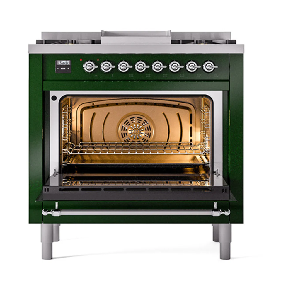 ILVE Nostalgie II Noblesse 36-Inch Natural Gas Dual Fuel Range and Triple Glass Door in Emerald Green with Chrome Trim (UN36FNMPEGC) - Image 5