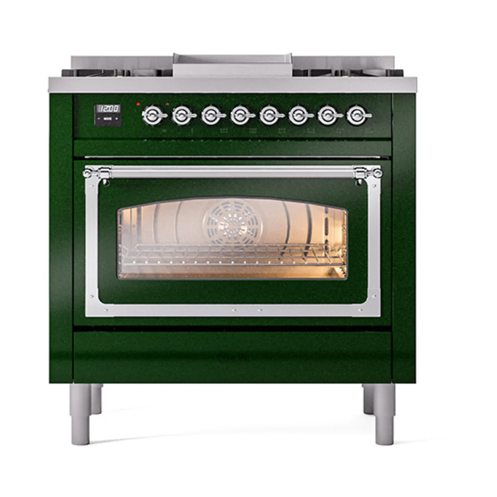 ILVE Nostalgie II Noblesse 36-Inch Natural Gas Dual Fuel Range and Triple Glass Door in Emerald Green with Chrome Trim (UN36FNMPEGC) - Image 6