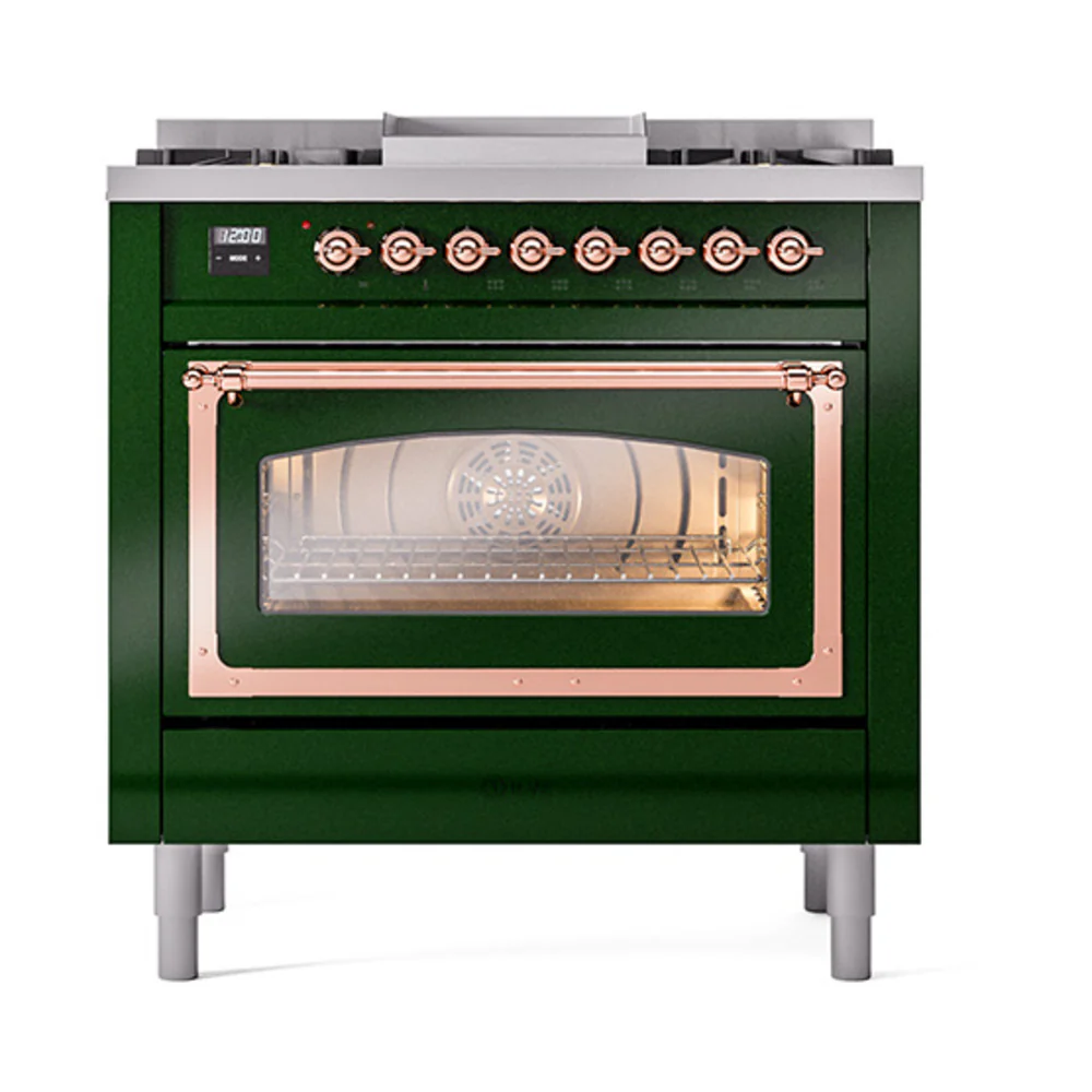 ILVE Nostalgie II Noblesse 36-Inch Natural Gas Dual Fuel Range and Triple Glass Door in Emerald Green with Copper Trim (UN36FNMPEGP) - Image 2
