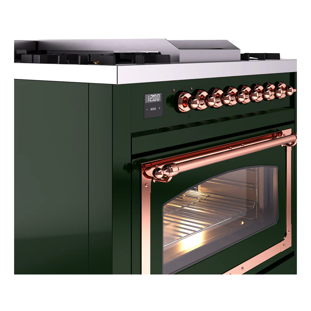 ILVE Nostalgie II Noblesse 36-Inch Natural Gas Dual Fuel Range and Triple Glass Door in Emerald Green with Copper Trim (UN36FNMPEGP) - Image 3